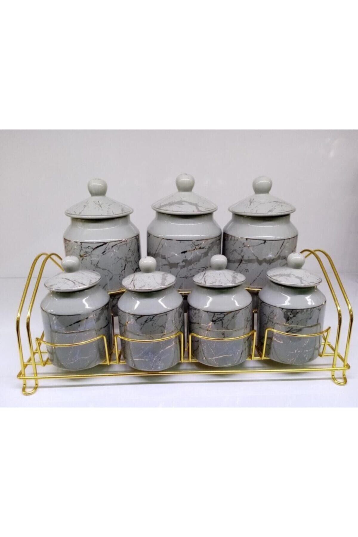 Porselen Standlı 7prç Gri Altın Yaldız Baharat Takım 10573