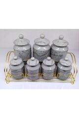 Porselen Standlı 7prç Gri Altın Yaldız Baharat Takım 10573