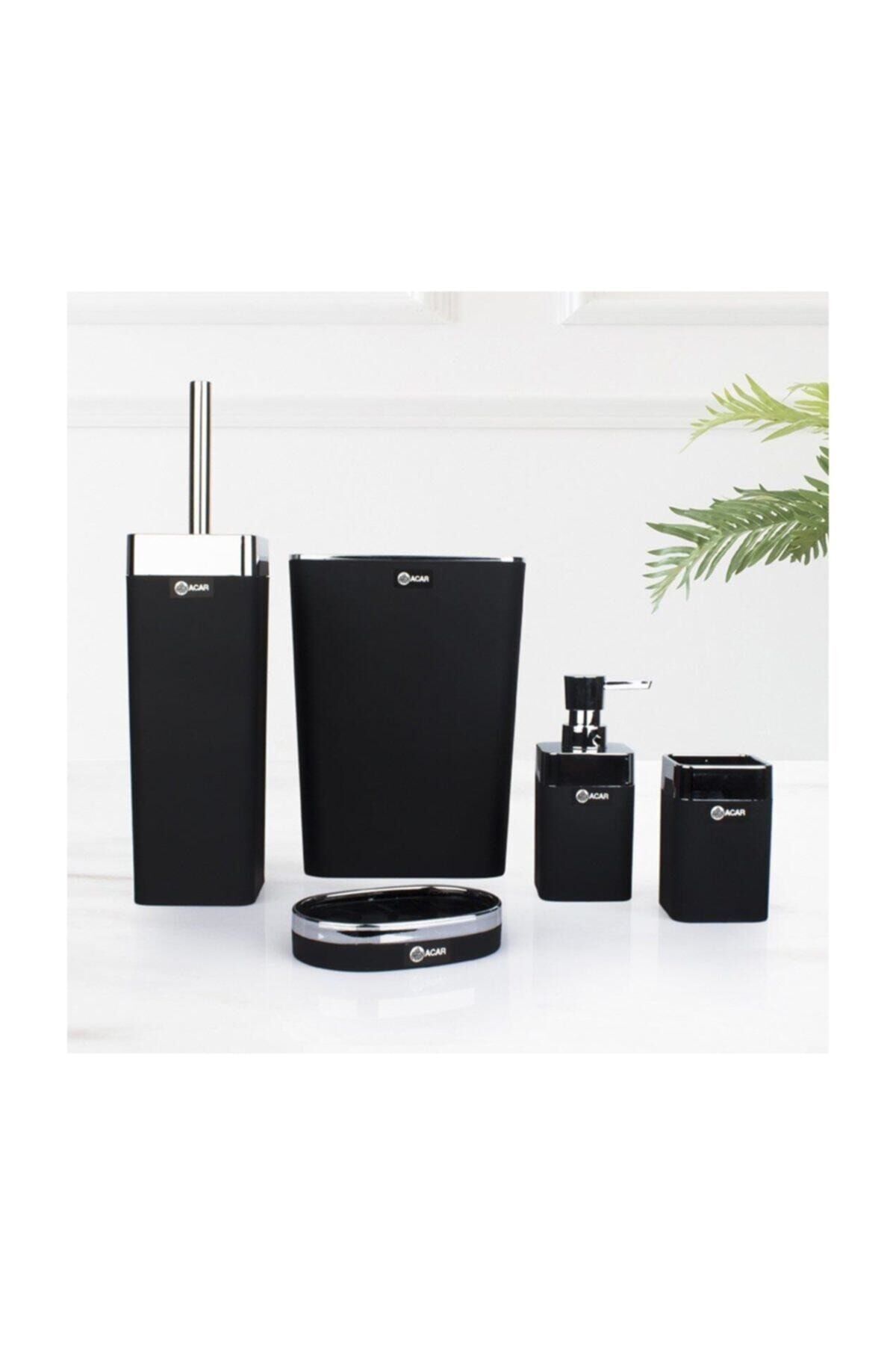 Aria Gümüş Çerçeve 5'li Akrilik Kare Banyo Seti 5506 Siyah