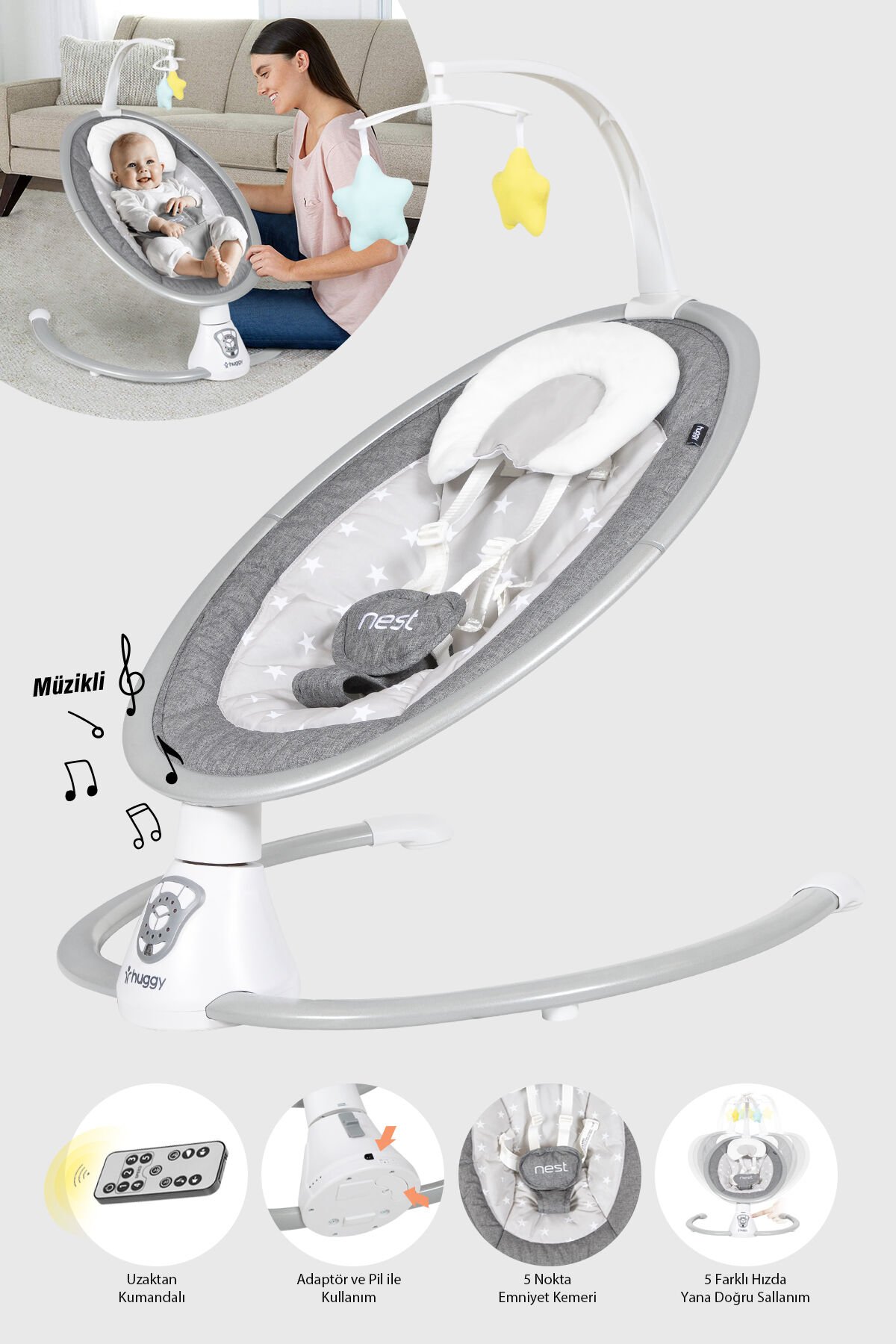 Nest Otomatik Sallanabilir Kumandalı Müzikli Anakucağı(0-9 kg) Gri