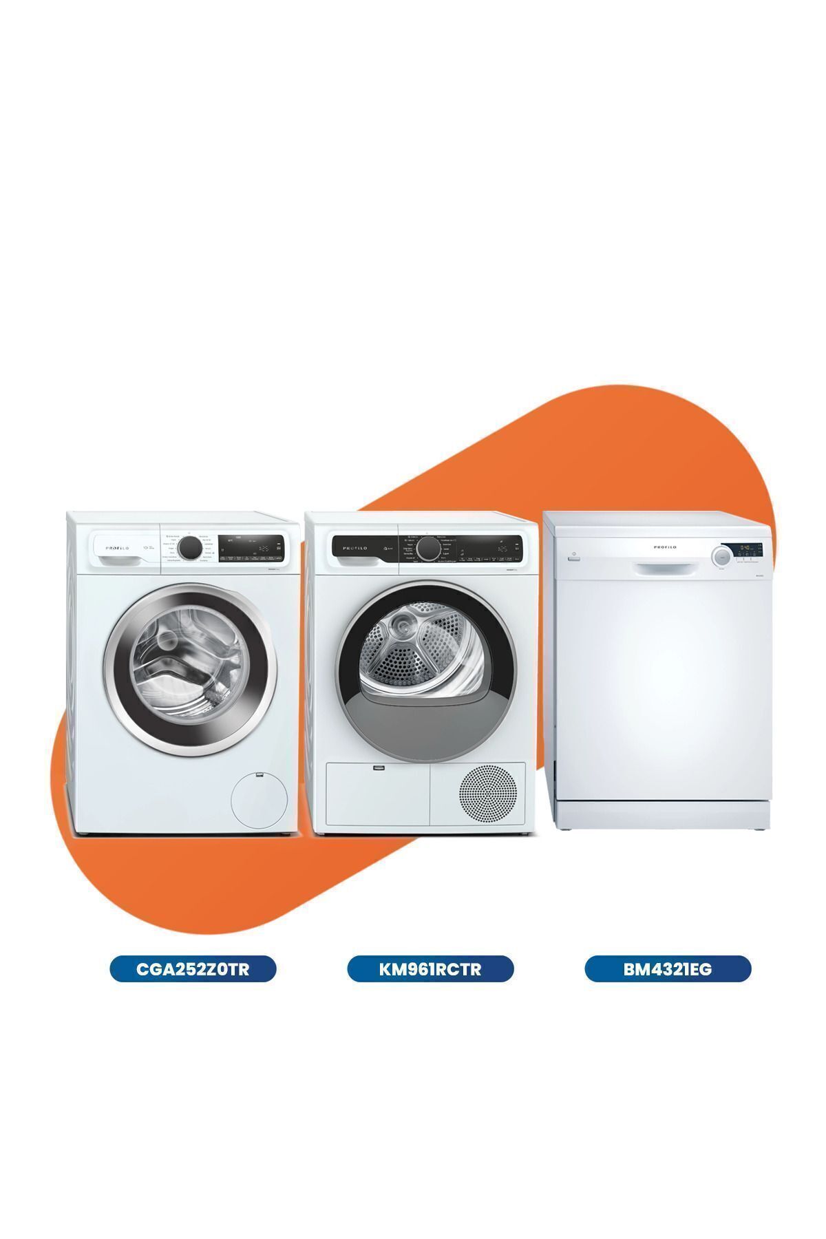 3'lü Beyaz Eşya Seti ( CGA252Z0TR Çamaşır Mak., KM961RCTR Kurutma Mak, BM4321EG Bulaşık Mak)