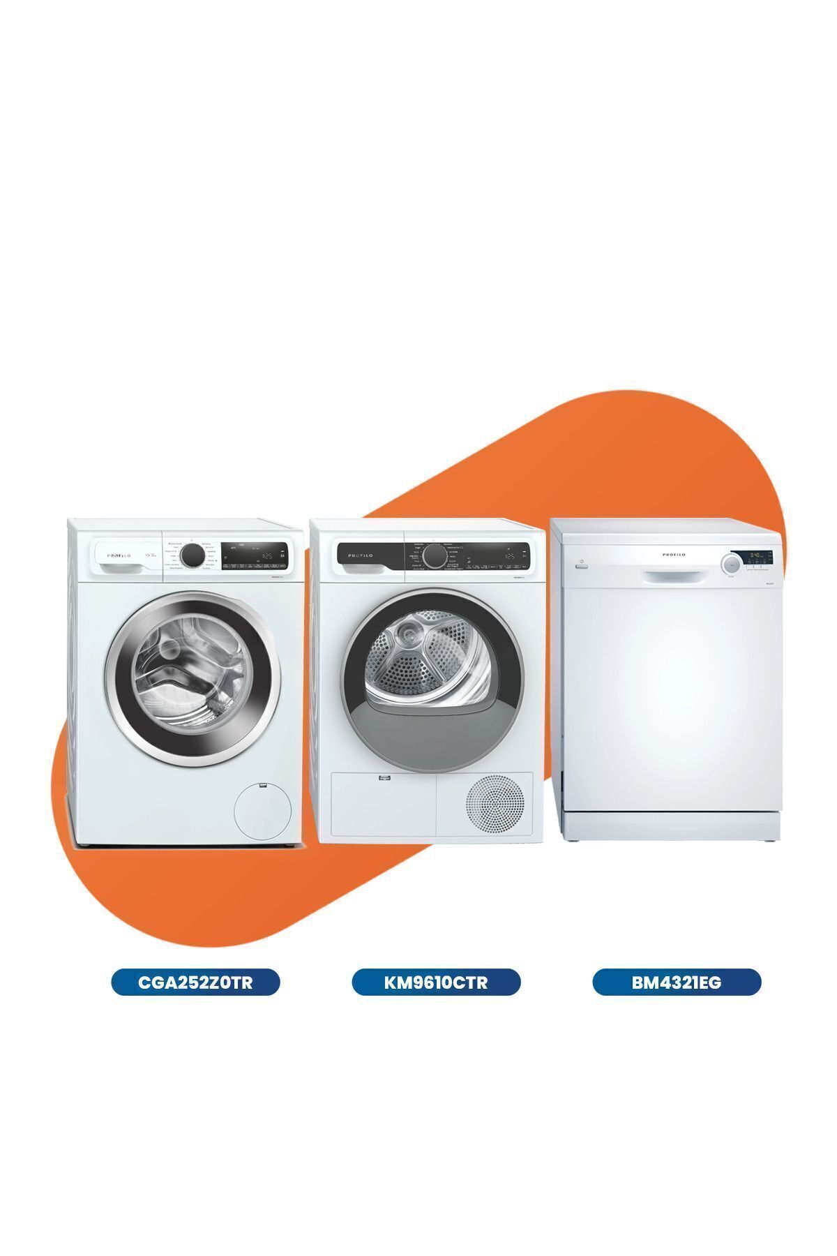3'lü Beyaz Eşya Seti ( CGA252Z0TR Çamaşır Mak., KM9610CTR Kurutma Mak, BM4321EG Bulaşık Mak) Beyaz