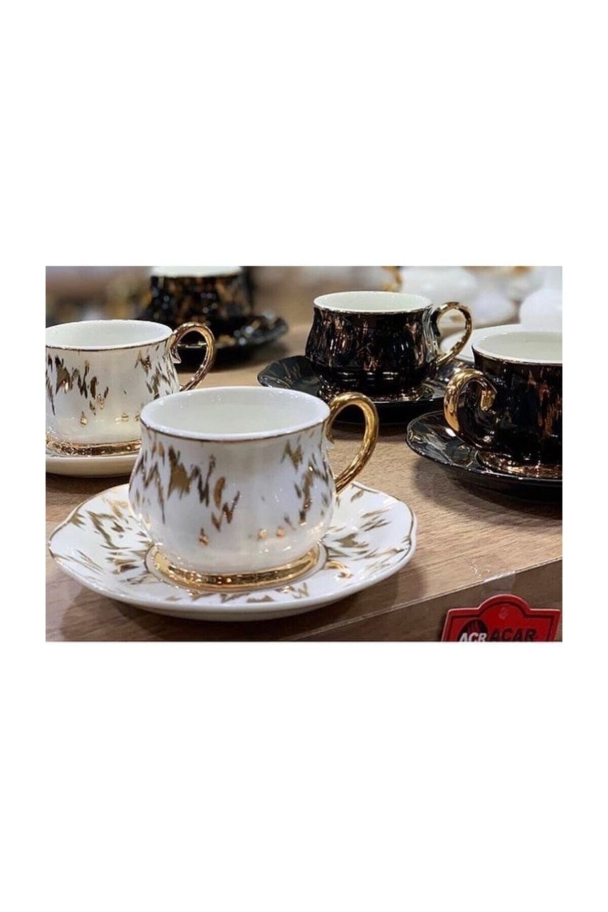 Yaldızlı Mermer Desen Porselen Kahve Fincan Takımı 6 Lı